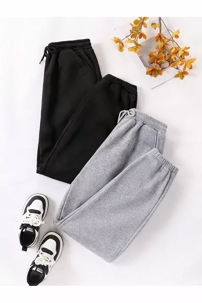 BY FAMEL 2-Layer Jogger Winter Thick 3-Ply Pants with Pockets and Elastic Ankles - School and Daily Sweatpants