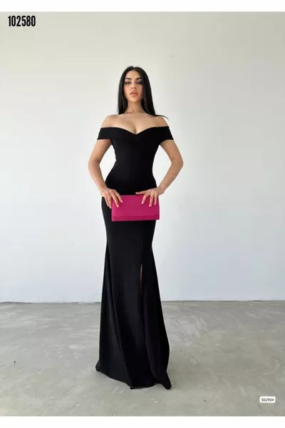 Women's diver fabric boat neck and low-cut detailed evening dress