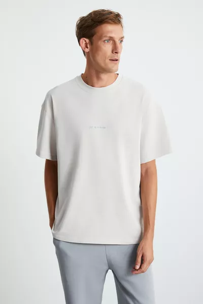 Rıver мужская футболка оверсайз свободного кроя с вышивкой, базовая трикотажная, цвет камня