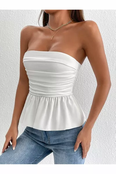 Önü Büzgülü Pile Detaylı Straplez Beyaz Bluz