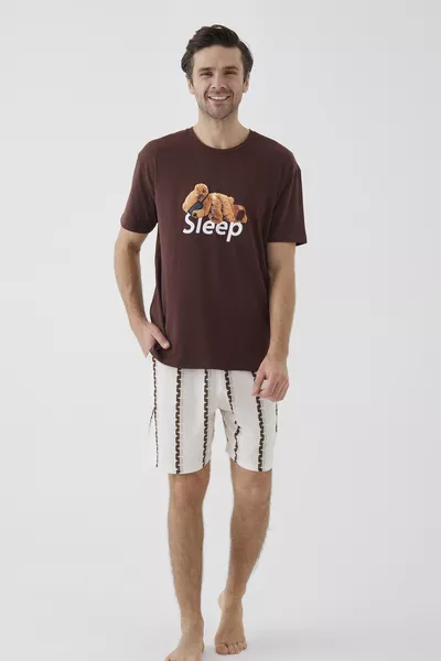 Heren Korte Mouw Katoenen Nachtoutfit met Shorts en Beerprint