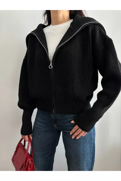 Women's Black Slouchy Collar Zip-Up Knit Cardigan