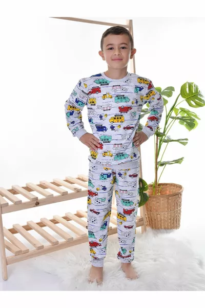 Boys' Grey Pajama Set with Car Design