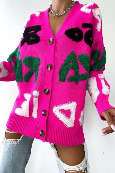 Desenli Düğme Detaylı Triko Hırka