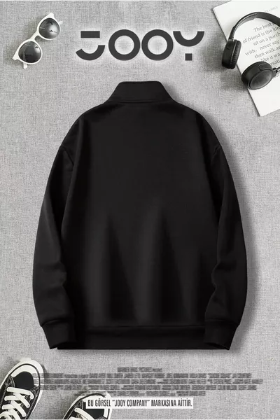 Unisex Yarım Fermuarlı Siyah Sweatshirt