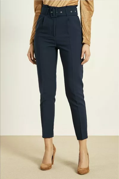 Pantalon à jambe étroite classique en tissu ceinturé pour femme - Bleu marine