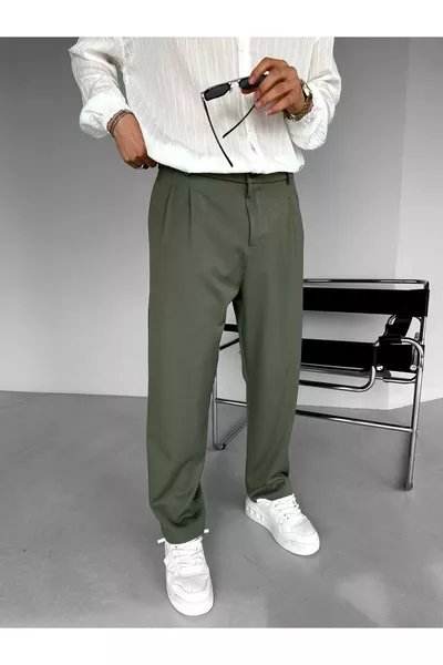 Erkek Baggy Fit Kumaş Pantolon Haki Yeşil