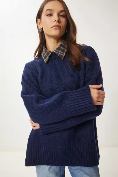 Zacht Geweven Oversized Trui Donkerblauw 