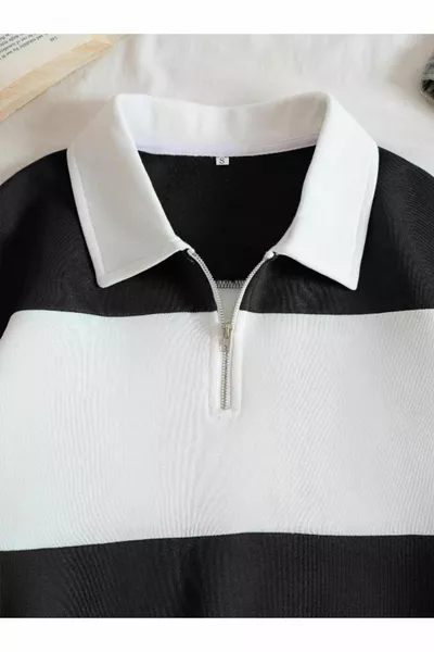 Siyah Beyaz Parçalı Renk Düz Yarım Fermuarlı Polo Yaka Sweatshirt Akmayan Kumaş