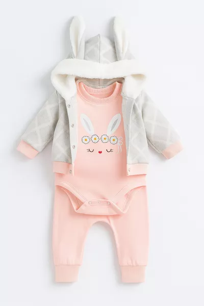 Mädchen-Baby-Set, 3-teilig, mit Kapuze, Hasenohren, gestreift mit Hasenmotiv, süßes Mädchen-Outfit, Lachsfarbe