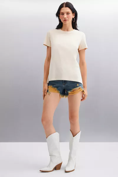 Samantha Women's % Organic Cotton Comfort Fit Long Back Basic Knit Beige T-Shirt