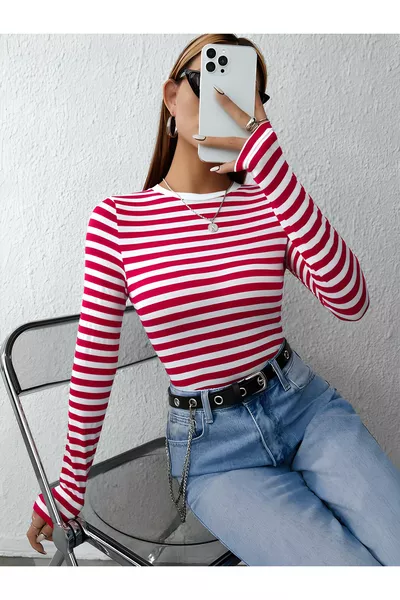 Дамска рипсена памучна блуза с дълъг ръкав, раирана, с кръгло деколте, къса