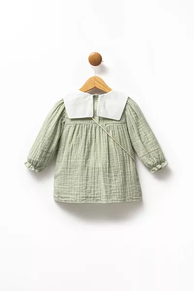 فستان عيد للبنات مزين بالتطريز و ياقة بيبي، من موسلين ٪ قطن مع حقيبة