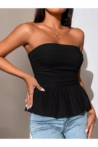 Black Strapless Blouse with Front Ruffle Pleat Detail