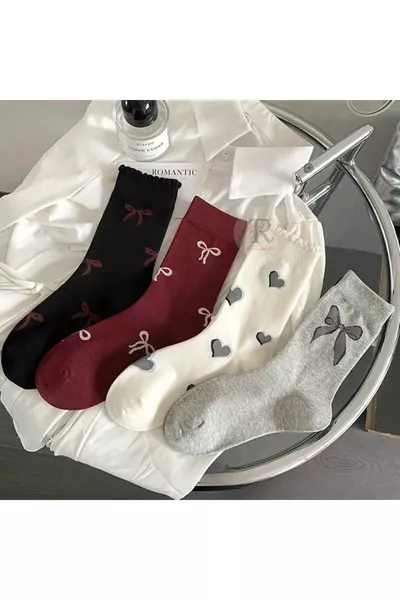 4 пары женских носков с бантом и сердечным узором, сезонные длинные разноцветные носки