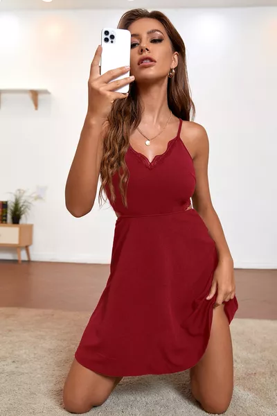Women's Burgundy Spaghetti Strap Nightgown with Lace Detail on Back and Chest