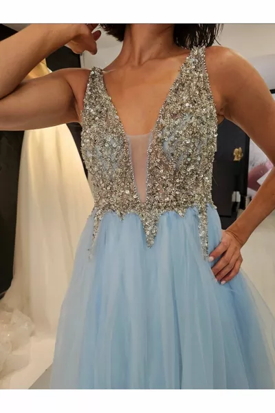 Spleet, laag uitgesneden, kraal geborduurd lange tule avondjurken afstuderen Engagement Henna