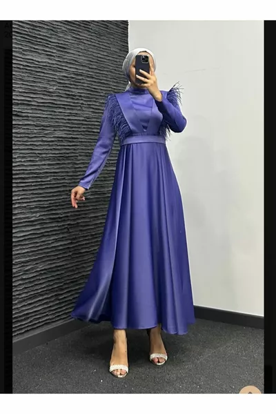 Chest Feather Detailed Satin Hijab Evening Dress