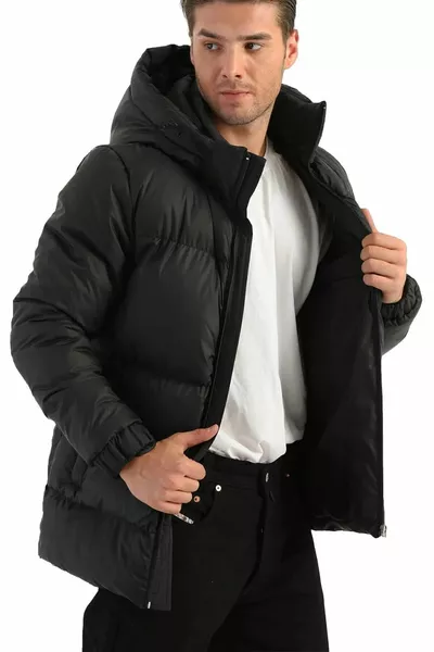 Herren Schwarzer Faser Kapuze Winddichter Aufblasbarer Wintersportmantel