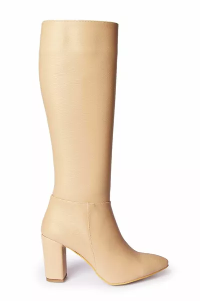 Feles Knee Below Knee Leather Heeled Women's Boots NUT